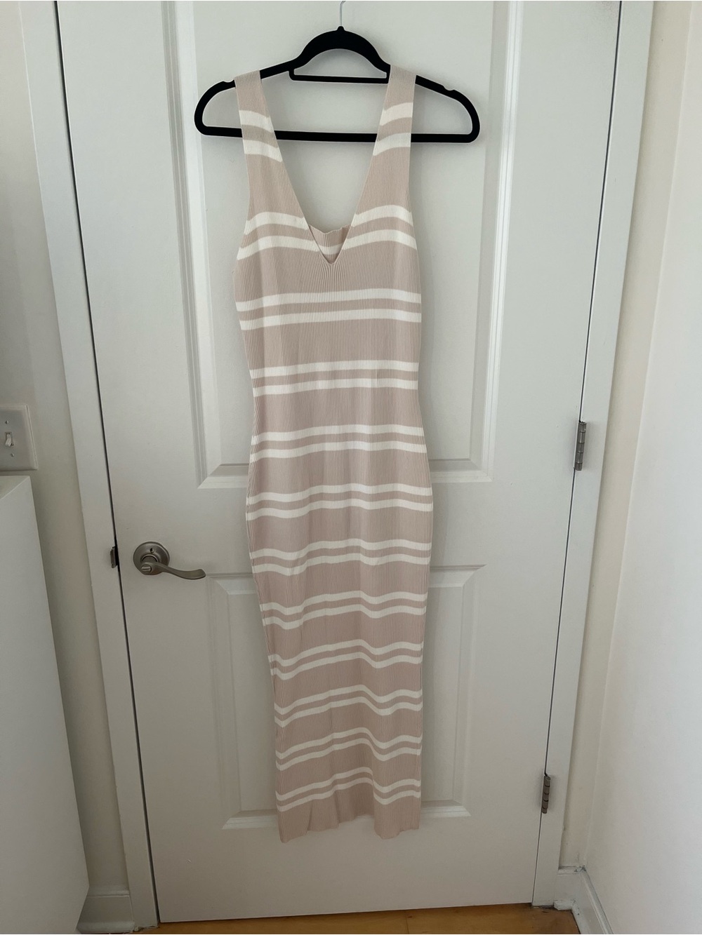 Meshki Beige and White Striped Midi Dress